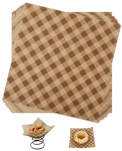 BOXOB 100stk Wachspapierblätter, 18x18cm Fettdicht Lebensmittelkorbeinlagen Kariert Sandwich & Burger-Wraps Tabletteinlagen zum Servieren von Speisen Picknicks Restaurants (Braun)