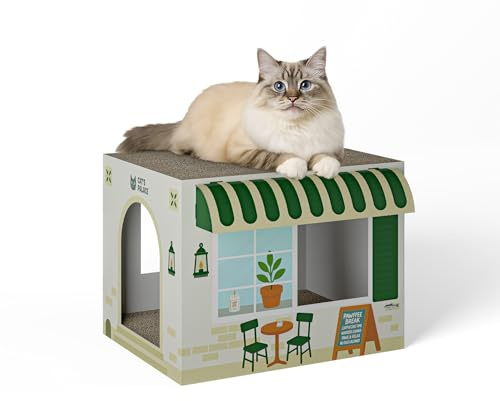 Cat's Palace Katzenhaus Coffeecat Café aus Pappe – Katzenhöhle mit Kratzbrett | Kratzmöbel & Rückzugsort für Katzen | 45 × 35 × 35 cm