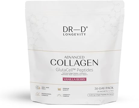 Collagen Pulver Glutacell™ Peptides von DR‑D Longevity – Hydrolysiertes Kollagen Typ 1 & 3 mit Hyaluronsäure & Vitamin C, Kollagen pulver peptide mit hoher Bioverfügbarkeit, Vanilla Berry, 30 Sachets