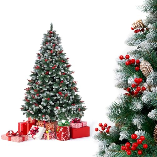 YOUDENOVA Konstgjord julgran med snö, 150 cm, med Ilex-kottar, julgran, julgran, julgran, konstgjord julgran, julgran med