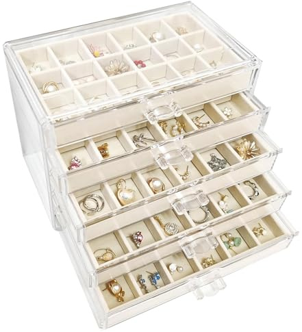 Kongming Akrylsmyckeskrin 5 nivåer, smyckeslåda med 5 smyckesförvaring, lådor, smyckesorganisatör med avtagbara brickor för smyckesförvaring, halsband, ringar, örhängen (beige)
