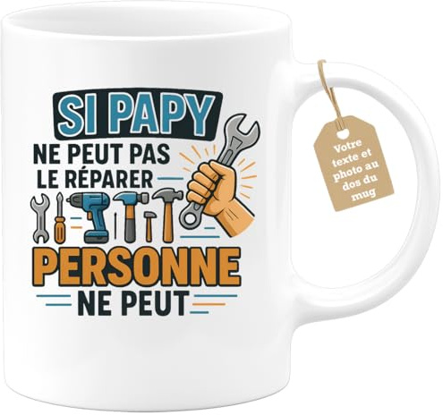 quotedazur Café-Croissant - Mug Personnalisé Si Papy Ne Peut Pas Le Réparer, Personne Prénom Cadeau Pour Noël Tasse À Son Futur Papou Pépé Fête Des Grand-Pères Papi - Blanc/Céramique