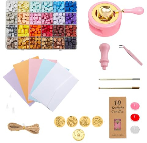 Kit de Sello de Lacre, Sellos Lacre Kit, Juego de Sellos de Cera, 24 Colores Sellos de Lacre, 860 Perlas de Cera, Calentador de Cera, Cucharas/Velas de Té para Invitaciones de Boda, Sobres, Cartas