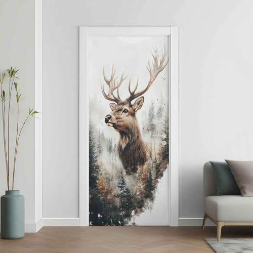 Hirsch Türtapete Türposter Türfolie Selbstklebend PVC, Wald Türaufkleber Abnehmbar Wasserdicht, Tier Landschaft Fototapete für Tür Wohnzimmer Kinderzimmer 80x200 cm