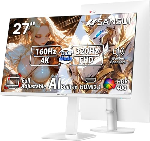 SANSUI 27 4K Gaming Monitor, UHD 160Hz or FHD 320Hz Dual Mode PC Monitor- Fast IPS 1ms(OD) 丨2×HDMI2.1丨2×DP 1.4丨Built-in Speakers丨Eye Care丨AI Crosshair丨PIP/PBP丨HDR400丨Rotating/Height Adjustable