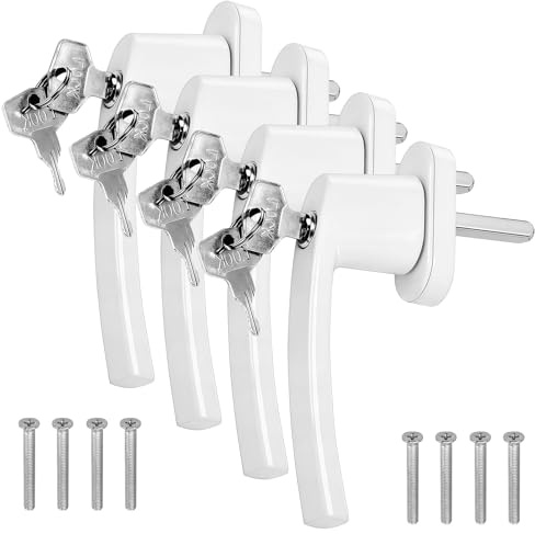 Poignées de Fenêtre Verrouillable, 4 Pièces Poignées de Portes Verrouillable avec Clés Universelles 35 mm, Poignee de Porte Exterieur Sécurisée, pour Fenêtres et Portes de Balcon ou Terrasse Blanc