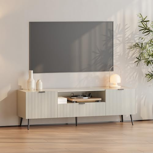 [en.casa] TV Schrank Nand Lowboard mit 2 Türen geriffelt Fernsehschrank mit Schublade 160 x 40 x 51 cm Sideboard Kommode Fernsehtisch Sandfarben