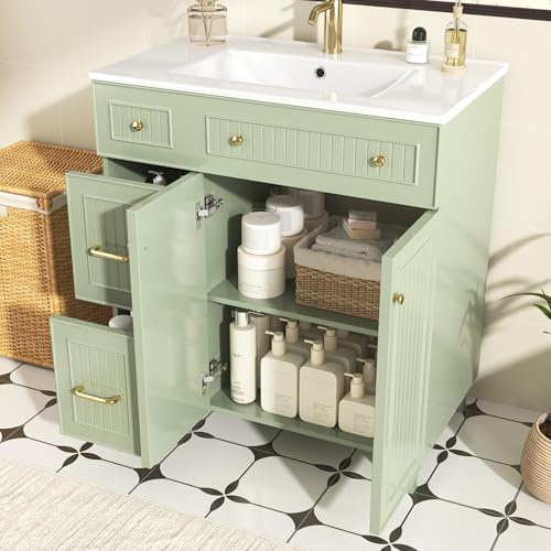 Kebnor Armadietto da bagno con lavandino, 81,7 cm, con lavabo in ceramica, superficie laccata, spazio multifunzionale e piedini in legno massiccio dal design moderno di lusso (verde)