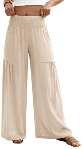 Fashora Pantalones Mujer Verano Pantalon Lino de Algodón Ligero Causal Anchos Pantalones Cintura Alta Elástica Cómodos Flojo Playa Pantalón Fluido Largos con Bolsillos (Beige, L)