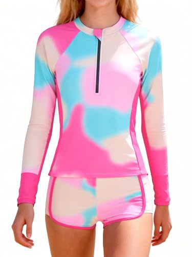 JiAmy Ensemble Maillot de Bain Fille 2 Pièces Anti-UV Manches Longues Short Imprimé Tie-Dye pour 12 Ans