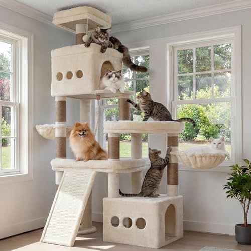 Heybly Kratzbaum, 184 cm hoher Großraum-Katzenbaum Beige HCT060MJ | mit 3 großen Ebenen, 2 Höhlen, 2 Körben & extragroßen Sisal-Kratzbrettern, stabiler Spielturm für Mehrkatzenhaushalte