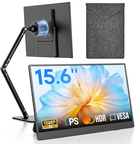 Omiodo 15.6 Portable Monitor,1080P FHD Second Screen, Ultra-Thin | External Second Screen for Laptop,Ultra-Thin, VESA, Built-in Speakers, USB-C/Mini HDMI, for Switch/PS5/Xbox/PC/Mac, w/Case