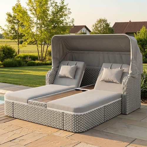 Arhatreya Sonnenschirmstuhl Relaxsessel Garten-Liegestuhl mit Markise, Sonneninsel aus Rattan mit Markise, Wetterfeste Terrassenmöbel, Geeignet für Balkone und Gärten, Grau