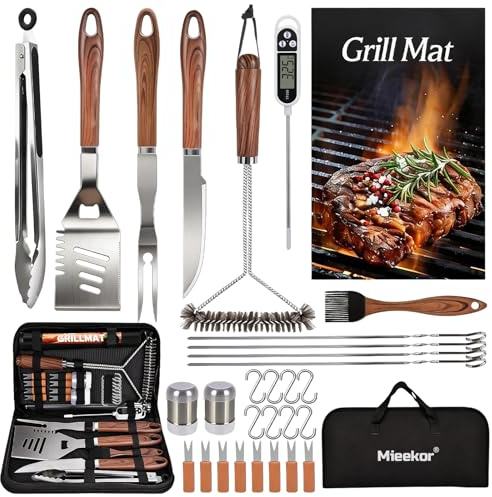 31-Teiliges BBQ Grillbesteck Set,Edelstahl Grillzubehör Set,Grillutensilien Set Koffer mit Grillkoffer und Grillmatte,Geschenke für Männer, für Garten Camping Freien