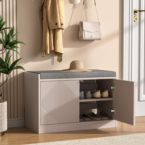 UEV Shoe Storage Bench with Cushion Seat – 2-Tier Compact Hallway Rack, Ventilated Backless Design with Carved Surface, Ideal for Flats and Slippers (Cashmere, 70W x 36.5D x 46.5H cm)
