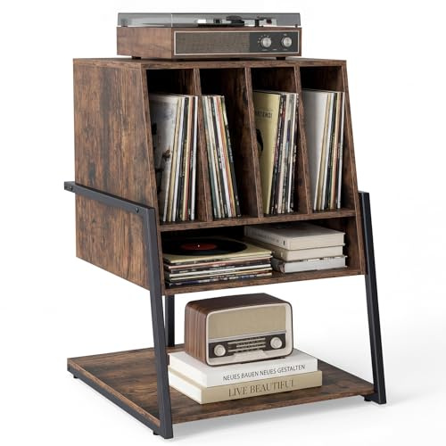 COSTWAY Plattenspielerständer, Vinyl Schallplattentisch mit breite Tischplatte, 4 Trennwänden & unteres Regal, Schallplattenständer Holz für Arbeitszimmer und Musikzimmer, 54 x 57 x 76,5 cm