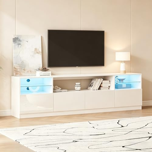 FammyLoft TV-Schrank 180cm bis 75 Zoll mit LED, Hochglanz TV-Lowboard Stehend mit 8 Fächer, Fernsehtisch mit Kabelmanagement für Wohnzimmer, TV Stand, Fernsehschrank, TV-Board, TV-Kommode