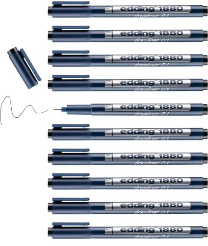 edding 1880 Präzisionsfeinschreiber - schwarz - 10 Stifte - Linienbreite 0,25 mm - Fineliner zum präzisen Schreiben und Skizzieren - feine, metallgefasste Spitze - Lineal- und schablonengeeignet
