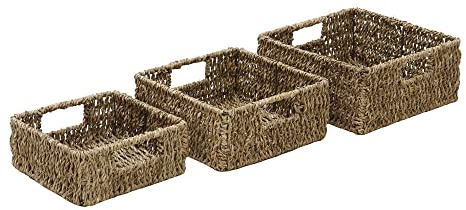JVL Seagrass Square Storage Baskets with Inset Handles, Set of 3