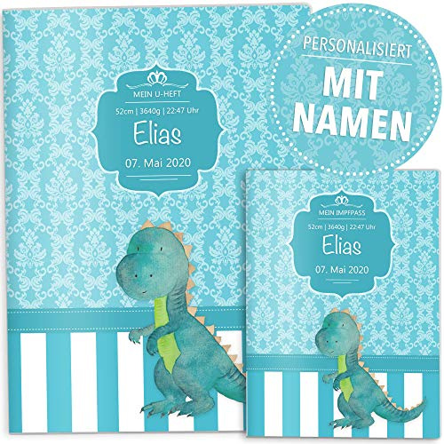OLGS U-Heft und Impfpasshülle Set | Blue Nature | Hochwertige Hüllen für Untersuchungsheft und Impfpass Deines Kindes | personalisierte Geschenke, Babygeschenk, Eltern (Uheft personalisiert, Dino)