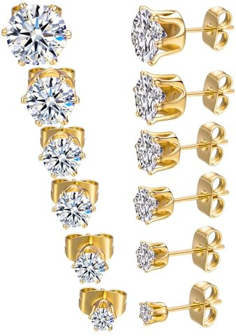 MDFUN Stud Earrings Set 18K Yellow Gold Plated Hypoallergenic Round 5A+ Cubic Zirconia Earring 3-8 MM 6-Prong Cartilage Multiple Piercing Ear Jewelry for Women Men Pack of 6