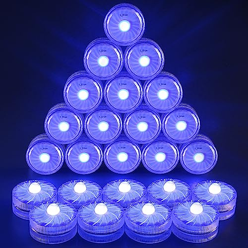 HL Submersible LED Light,Blue Small LED Light,100 Hours Waterproof Flameless Led Lights Battery Powered for Wedding Home Vase Festival Party Decoration 24pcs (Built-in 48 Batteries)