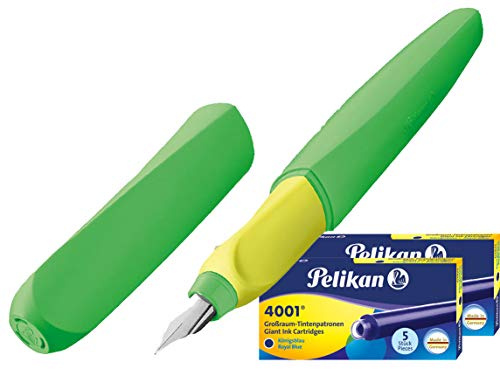 Pelikan Füller Twist Neon Grün, M-Feder, universell für Rechts- und Linkshänder + 10 Großraum Patronen