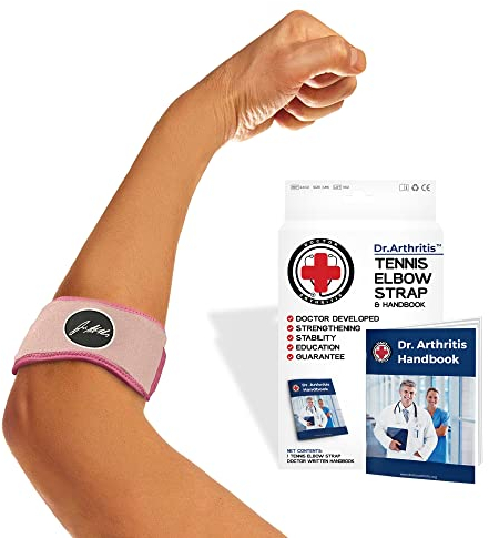 Dr. Arthritis Tennis Elbow Support Strap with Doctor Handbook - Reliable Elbow Support for Men & Women - Adjustable Elbow Brace for Daily Wear, Rapid Pain Relief from Tendonitis (Pink)
