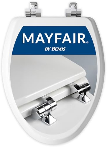 Mayfair Bennett Toilet Seat with Chrome Hinges, Slow Close Wood Seat, Secure Metal Hinges, Easy Install, Made in USA, Elongated, White