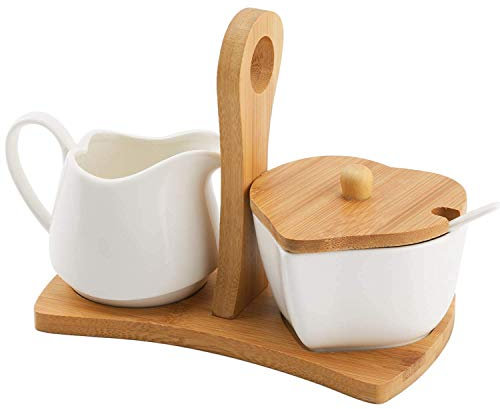 Set Zuccheriera E Lattiera con Coperchio E Cucchiaio Brocca in Ceramica per Crema E Zuccheriera con Manico in Legno Servizio da caffè.