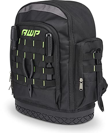 AWP Extreme Tool Backpack, Heavy-Duty Tool Bag with Padded Shoulder, Back, and Waist Straps, Water-Resistant Construction Black | Rugged Polyester Jobsite Backpack with Waterproof Molded Bases, Jobsite tool storage, Padded Shoulders and Waist Straps