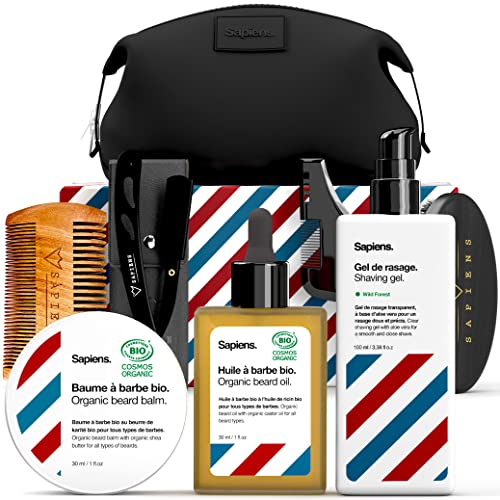 Bartpflege Set für Männer Sapiens BarberShop - Bart Set Herren mit Bio Bart Öl, Bio Bart Balsam, Rasiergel - Rasiermesser, Bartbürste, Bartkamm, Bartschablone, Kulturbeutel