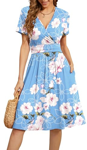 WEACZZY Abito Estivo da Donna, a Maniche Corte, Casual, con Scollo a V, Motivo Floreale, con Tasche, Floreale Azzurro., M