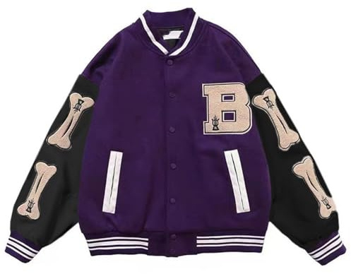 Varsity Collegejacka för män, Baseballjackor, Hip Hop-jackor, Furry Bone Color Block Streetwear Patchwork-mönster, Baseballjackor för män, Aviator Bomberjacka (Color : Purple, Size : M)