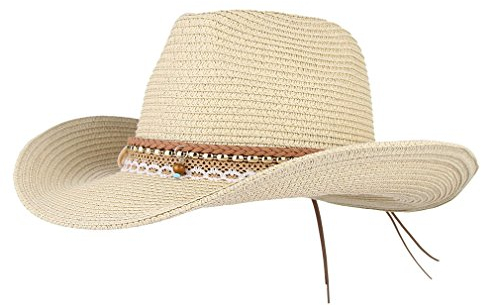 EOZY Damern Strohhut Breite Krempe Cowboyhut Sommer Sonnenhut Strandhut Beige