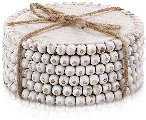 Honeydak 6 Pcs Beaded Wood Coasters Farmhouse Coasters Rustic Round Beaded 3.94 Inches Boho Home Wood for Drinks Bar Coffee Table Top Home Kitchen Housewarming Wedding Gift Decor(White)