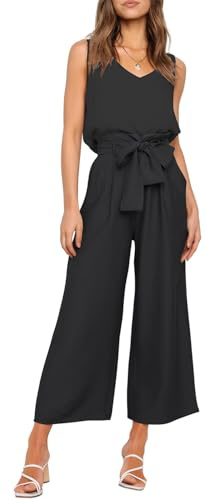FANCYINN Damen 2 teiliges Crop Pants Set mit weitem Bein Wide Strap V-Ausschnitt Tank High Waist Cropped Paper Bag Hose mit Gürtel Schwarzes Top und Hose mit weitem Bein XL