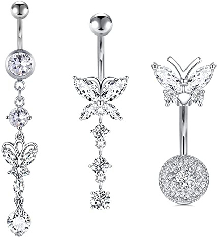 VFUN Butterfly Belly Bar 14G 10MM Banana Navel Piercing Stainless Steel Dangle Belly Button Rings Silver 3PCS