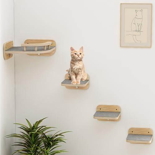 Megidok Ensemble de perchoirs d'angle pour Chat - Lit Mural avec Coussin Doux - Escalier Flottant Moderne pour Mur d'intérieur - Couleur Bois