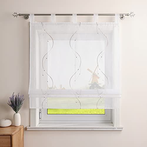 CORLIF Raffrollo Landhaus Raffgardine Küche Modern Schlaufenrollo Leinenoptik mit Wellenmuster Transparente Rollos Kurz Fenster Schal mit Schlaufen B/H 100/140 cm Sand