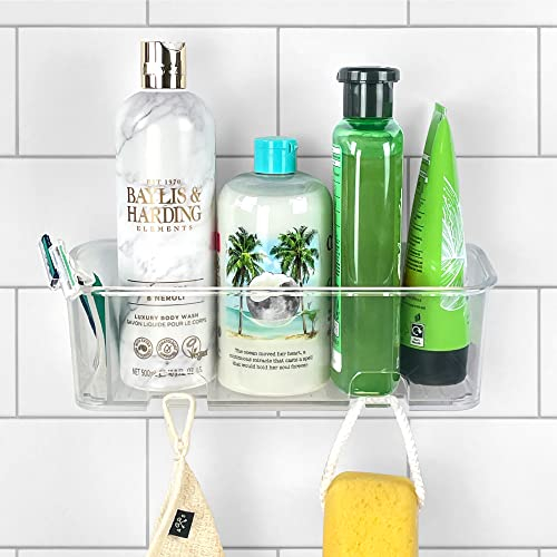 S.B.Weston SBW Shower Caddy, Rust Proof Wall Mounted Bathroom Shower Organiser Storage Shelf Rack Caddies with Hangers, No-Drilling, Simple Glue Install, Easy to Remove, Plastic (Clear - Single)