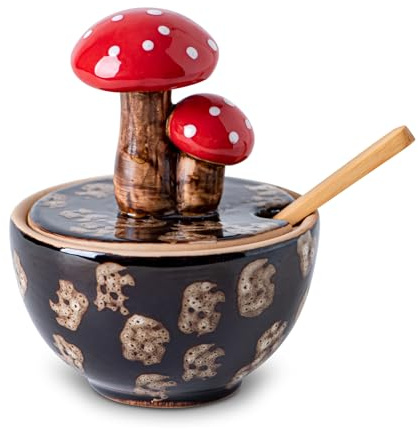Brown Ceramic Mushroom Salt Cellar With Lid and Bamboo Spoon