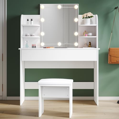 SUNXURY Schminktisch mit Beleuchtung und Hocker Kommode Frisiertisch B108xT40xH140cm modern Weiß Kosmetiktisch Schminktisch mit Spiegel Make Up Tisch