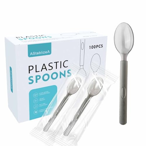 Disposable Teaspoons, Plastic Silverware Individually Wrapped Packs(100 Pack)-Spoons For Parties, Weddings, Catering Food Stands, Takeaway Orders & More- Sturdy Single-Use Partyware Plastic Spoons