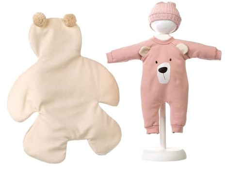 Llorens 1096364 Puppenzubehör für 36cm Puppen, Kleiderset mit weißer Bärendecke, rosa Strampler und Mütze für Babypuppen, Puppenkleidung, Puppendecke