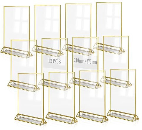 efuturetime 12PCS Tischaufsteller A4 Doppelseitig Menükartenhalter Gold | Plexiglas Acryl Bilderrahmen, T-Ständer, Thekenaufsteller, Fotorahmen für Foto, Hochzeitstischnummern, Cafe und Restaurant