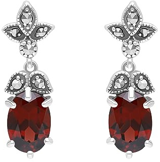 Esse Marcasite Sterling Silver Art Nouveau Garnet & Marcasite Drop Earrings