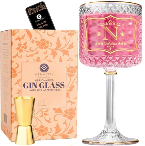 Vemacity Personalised Gin Glass Gifts for Women | Gold Inital: Letter (N) | Matching Gold Bar Accessory | Gin Gifts for Women with Double-Sided Jigger | Aperol Spritz Glassware | Ideal for Gifting