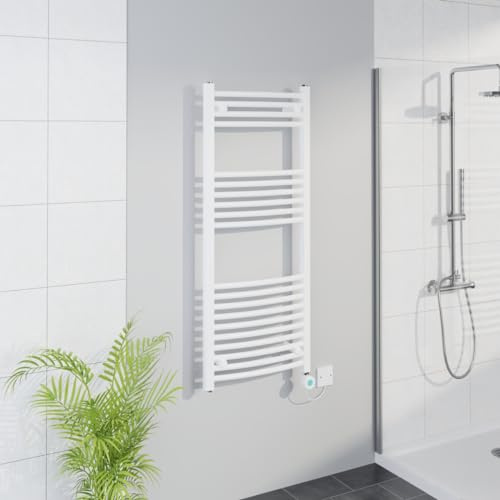 Warmehaus WiFi Electric Curved Heated Towel Rail Timer 1200x500mm White | Thermostatic, Smart LCD Display, Child Lock, T Piece, Prefilled, Electric Heated Towel Rail Warmer, Mild Steel