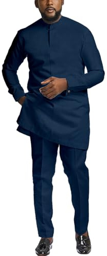 SEA&ALP African Suits for Men Slim Fit Dashiki Long Sleeve Shirt and Pant 2 Piece Attire Traditional Outfits Deep Blue L